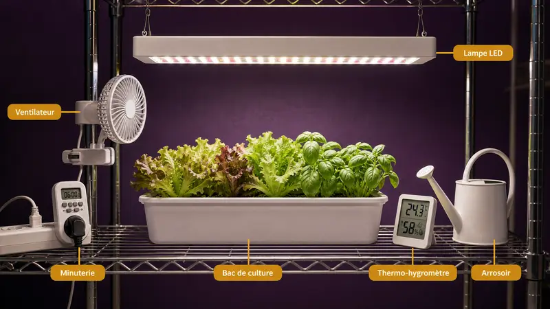 Schéma d'une installation de base sur une étagère : lampe LED, ventilateur, minuterie, bac de culture, thermo-hygromètre et arrosoir
