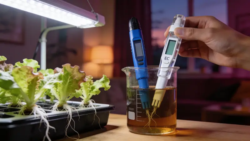 Deux stylos testeurs plongés dans une solution nutritive, à côté d'un bac hydroponique de laitues