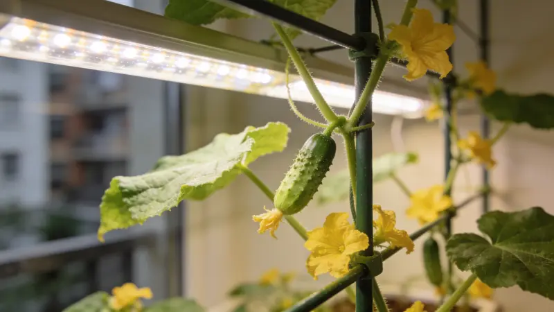 Plant de mini-concombres palissé sur un treillis, avec des fleurs jaunes et de petits fruits, sous une lampe LED dans un appartement