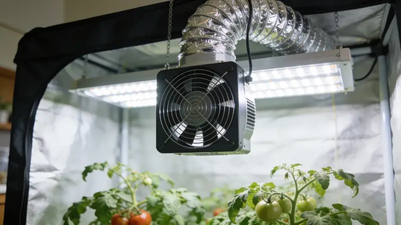 Extracteur d'air en ligne suspendu en haut d'une tente de culture, relié à une gaine souple argentée, au-dessus de plants de tomates sous LED