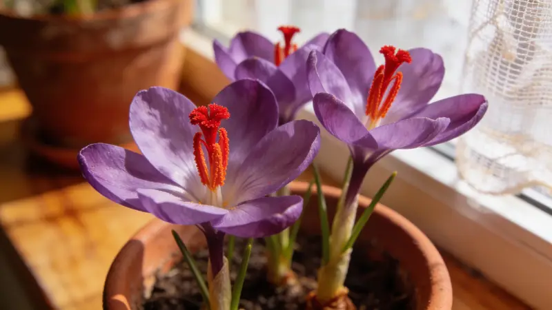 Fleurs de crocus à safran violettes aux stigmates rouges dans une jardinière posée sur un rebord de fenêtre, lumière douce d'automne