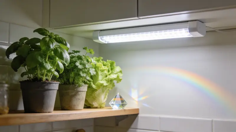 Main tenant la notice d'une lampe LED horticole ouverte sur son graphique de spectre, devant une étagère d'aromatiques éclairée en blanc
