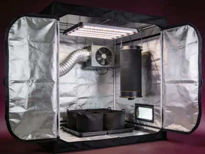 Illustration : tente de culture équipée d’une lampe LED et d’une extraction d’air